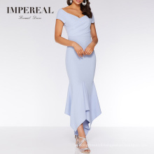 Ruffled Hem Knit Artwork Fabric Blue Lyrical Off Shoulder Bridesmaids Dress